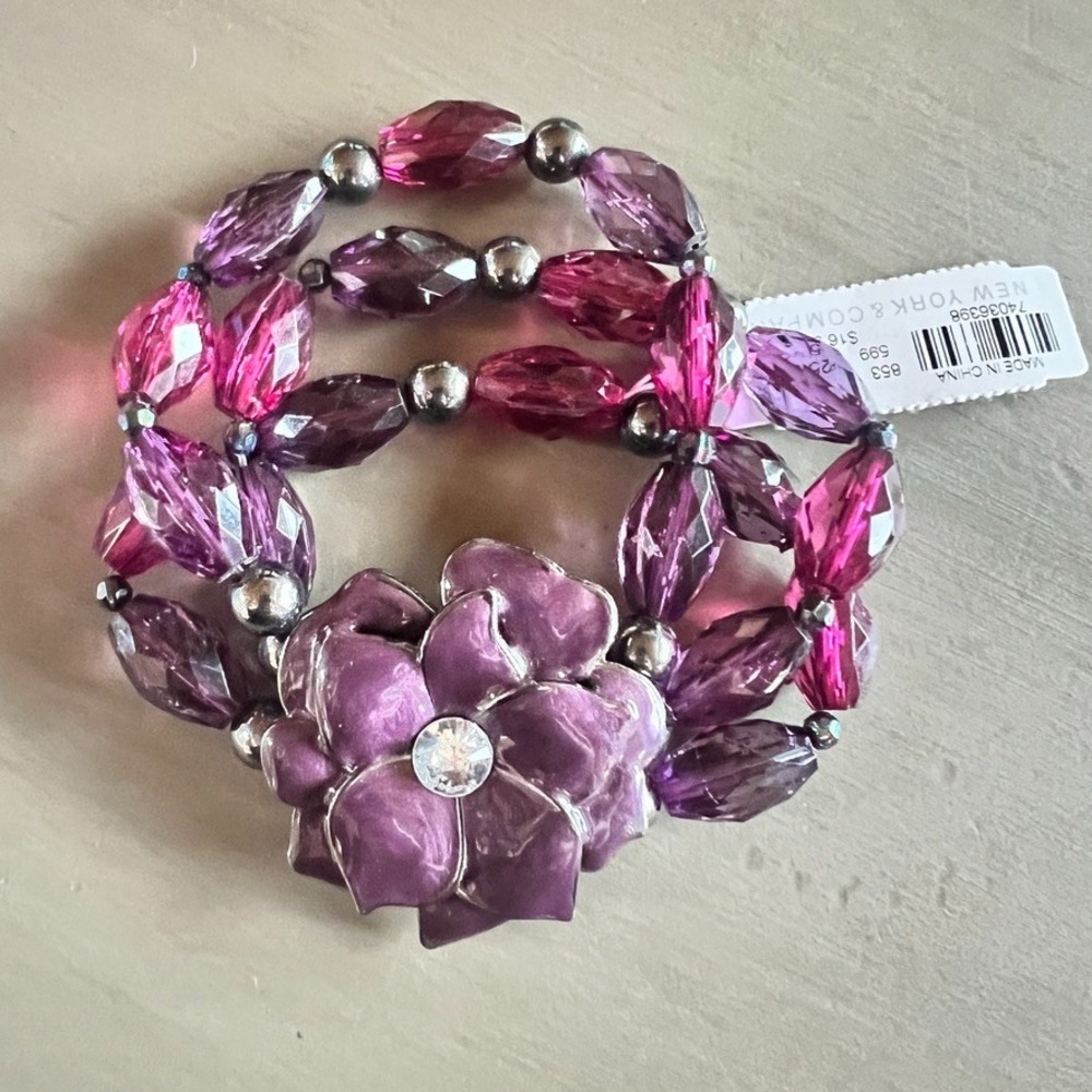 New York‎ & Company Purple Flower Stretch Bracelet Beaded Floral Statement Y2K